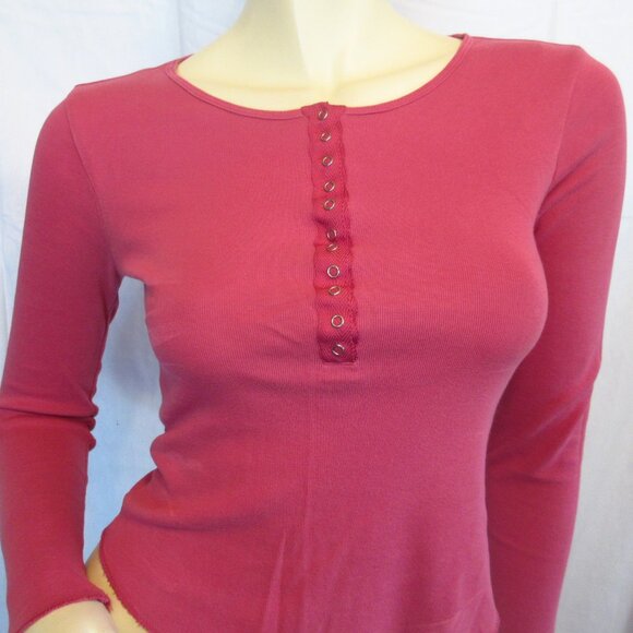 Y2K Vintage Express Pink Long Sleeve Henley Top Preppy Indie Sleaze Layering Tee - Picture 4 of 16